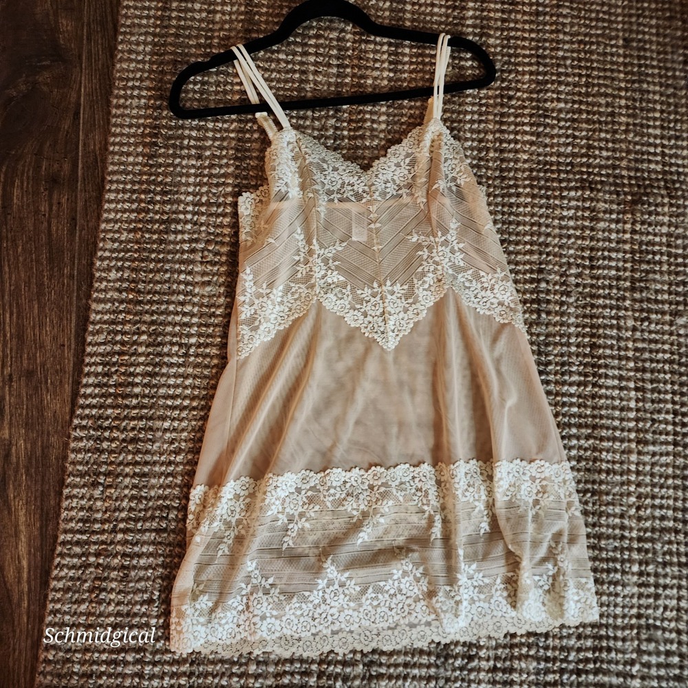 Wacoal Lace Mesh Chemise Nude Champagne Floral Slip Nightgown 814191 Large